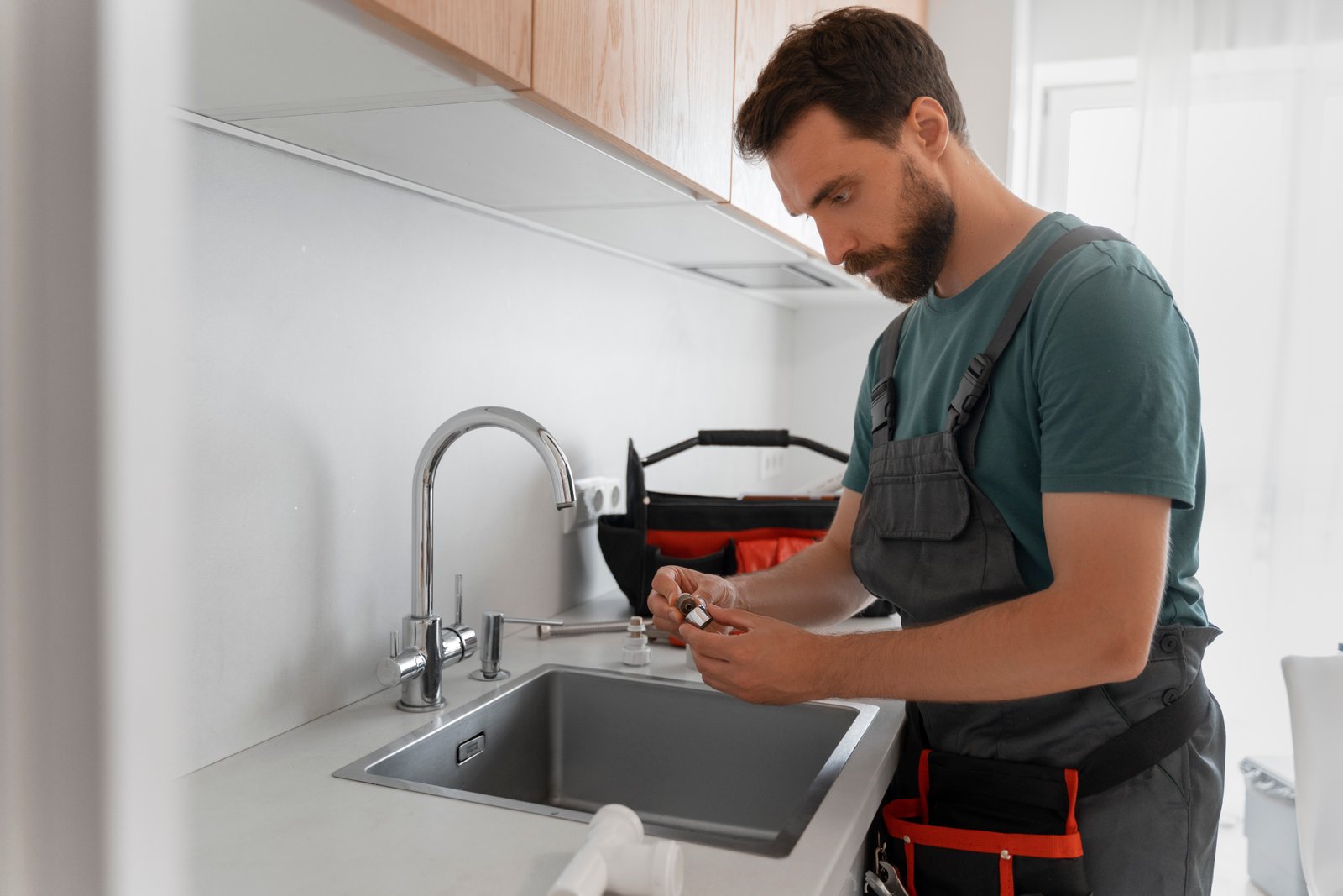 Plumber in an apron carefully installing or repairing a curved kitchen faucet over a sink in a modern kitchen, with tools in the foreground and a focused, professional atmosphere